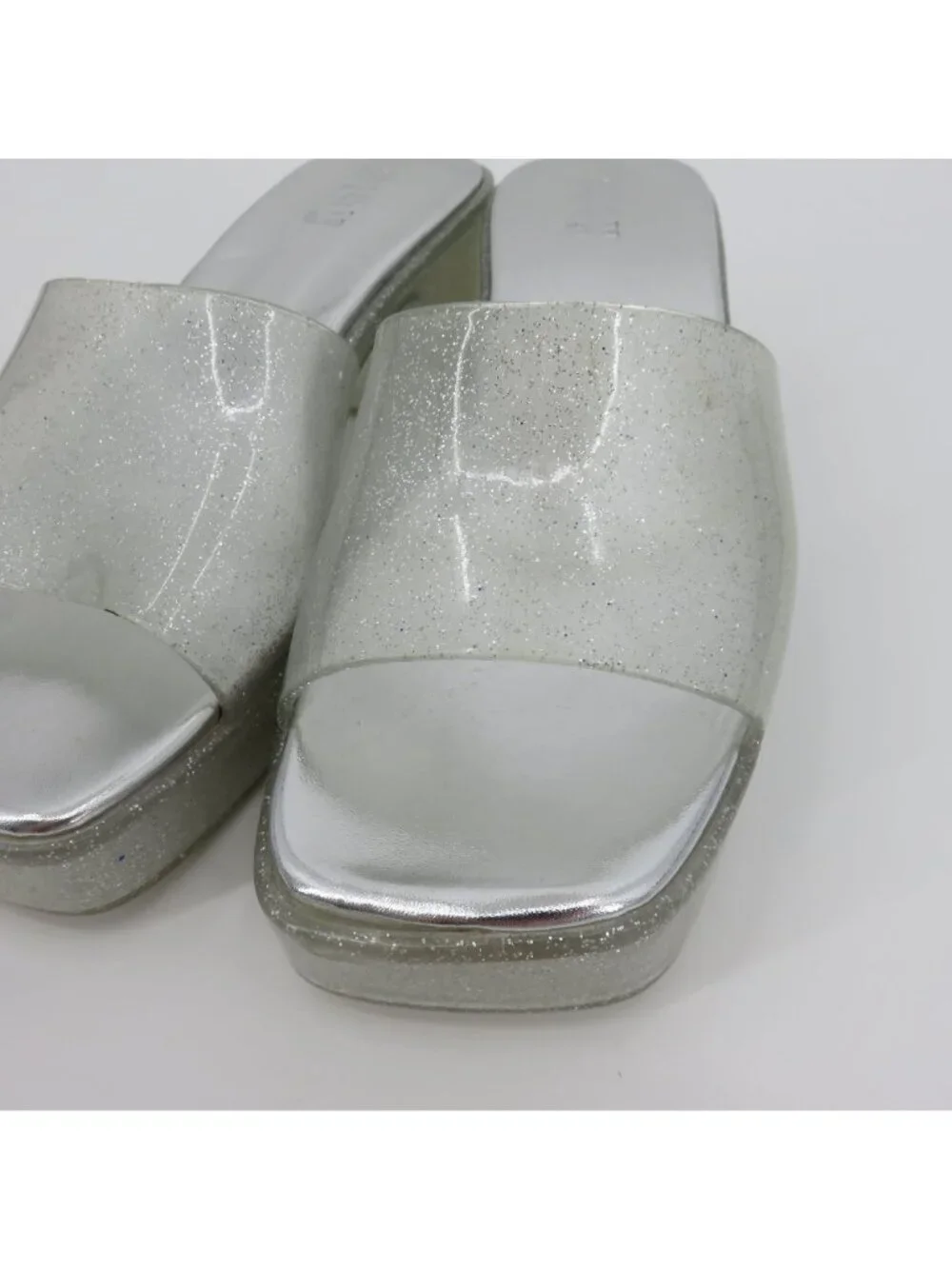 Play Women 7 US Silver Glitter Chunky Heel Platform Slide Shoes Sandals Costume
